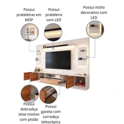 Estante Home Noble Para Tv Até 75” 270cm Com 2 Torres Nichos E Led Rack Sala Off White/jequitiba Off White/jequitiba