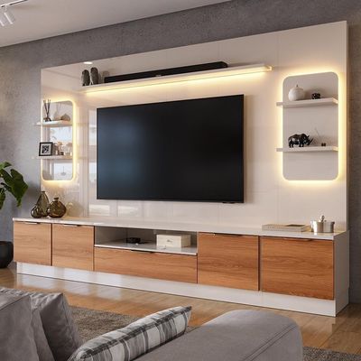Estante Home Noble Para Tv Até 75” 270cm Com 2 Torres Nichos E Led Rack Sala Off White/jequitiba Off White/jequitiba