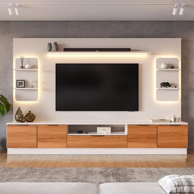 Estante Home Noble Para Tv Até 75” 270cm Com 2 Torres Nichos E Led Rack Sala Off White/jequitiba Off White/jequitiba