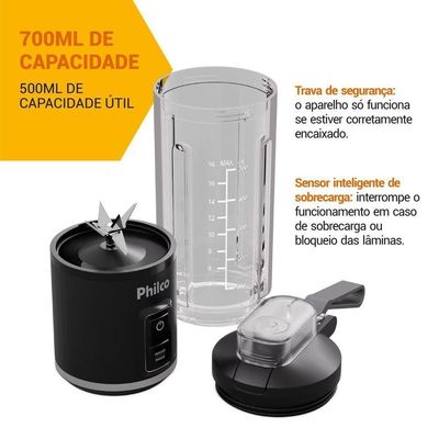 Blender Liquidificador Portátil Philco 700ml Sem Fio PLQ01A Bateria
