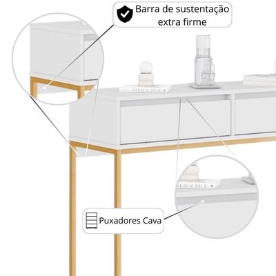 Aparador Buffet Rio 2 Gavetas Para Sala 90 Cm Branco Dourado
