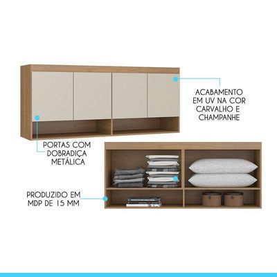 Armário Aéreo 4 Portas Guarda Roupa Modulado Selene 160x68 Cm Mdp Carvalho 6003 Menu