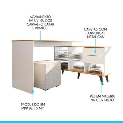 Escrivaninha De Canto Home Office 2 Gavetas E Nichos Menu Móveis Branco/carvalho