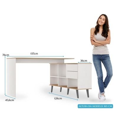 Escrivaninha De Canto Home Office 2 Gavetas E Nichos Menu Móveis Branco/carvalho