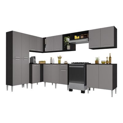 Armário Cozinha Modulada Completa De Canto 432,5cm Pequim Pop Multimóveis Mp3774 Preto/lacca