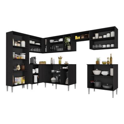 Armário Cozinha Modulada Completa De Canto 432,5cm Pequim Pop Multimóveis Mp3774 Preto/lacca