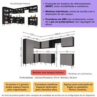 Armário Cozinha Modulada Completa De Canto 432,5cm Pequim Pop Multimóveis Mp3774 Preto/lacca