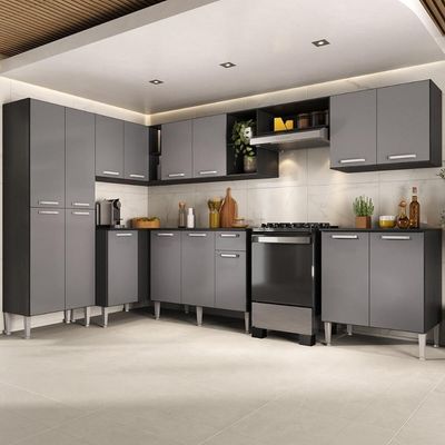 Armário Cozinha Modulada Completa De Canto 432,5cm Pequim Pop Multimóveis Mp3774 Preto/lacca