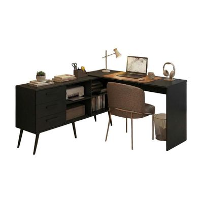 Mesa De Escritório Em L Com 3 Gavetas Porto Multimóveis Mp6044 Preto