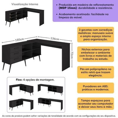 Mesa De Escritório Em L Com 3 Gavetas Porto Multimóveis Mp6044 Preto