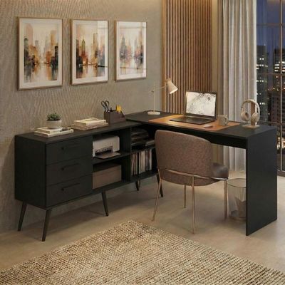Mesa De Escritório Em L Com 3 Gavetas Porto Multimóveis Mp6044 Preto