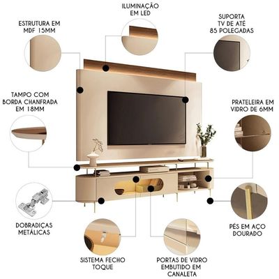 Painel Tv 85 Pol Nobre E Rack Bancada ária Off-castanho - Hb Móveis