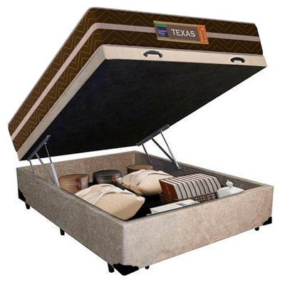Cama Box Baú Casal Suede + Colchão Molas Ensacadas Texas Prime Colchões Bege 138cm