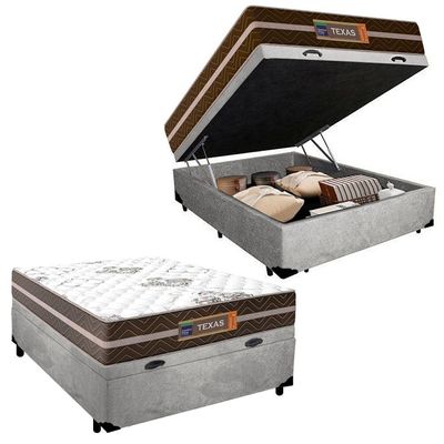 Cama Box Baú Casal Suede + Colchão Molas Ensacadas Texas Prime Colchões 138cm - Suporta Até 120 Kg Por Pessoa Cor:cinza