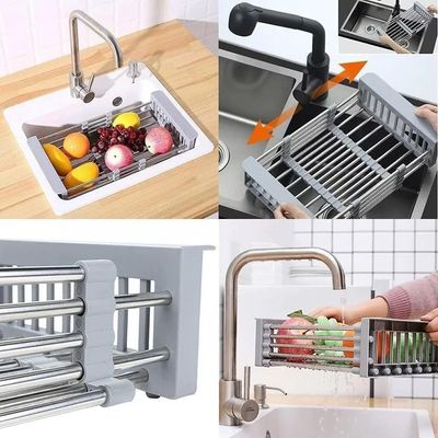 Escorredor Pia Inox Retratil Ajustavel Suporte Lavar Frutas Legumes Verduras