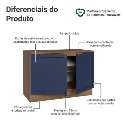 Balcão De Cozinha 120 Cm 2 Portas Rustic/azul Vik Madesa Rustic/azul