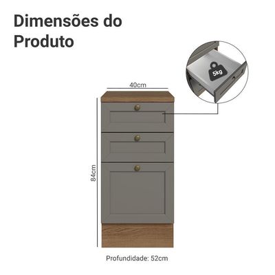 Balcão De Cozinha 40 Cm 3 Gavetas Rustic/cinza Vik Madesa Rustic/cinza