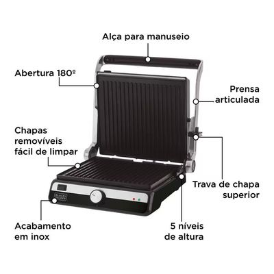 Grill Elétrico G1500G Gourmand Gris 1500W Abertura 180° Chapas Removíveis Antiaderente Black+Decker Inox