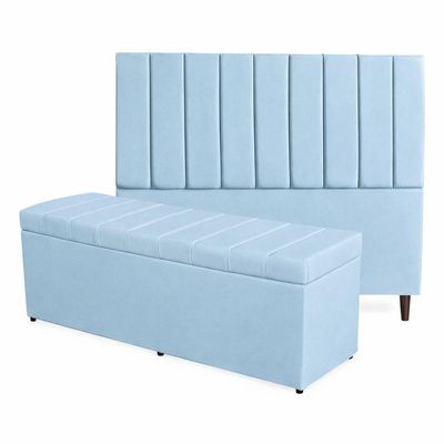 Kit De Quarto Roma Cabeceira De Cama Box E Calçadeira Baú Casal King 195 Cm Suede Azul Bebê Do Lar Móveis E Decoração