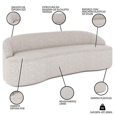 Sofá 3 Lugares Para Sala De Estar Living 210cm Theo D06 Linho Pérola - Mpozenato