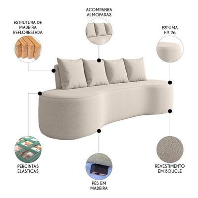 Sofá 3 Lugares 210cm Orgânico Viana B10 Bouclê Creme - Mpozenato