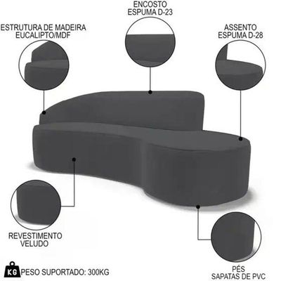 Sofá Living 3 Lugares 260cm Braço Esquerdo Mozart D06 Veludo Cinza - Mpozenato