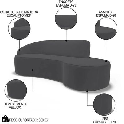 Sofá Living 3 Lugares 260cm Braço Esquerdo Mozart D06 Veludo Cinza - Mpozenato