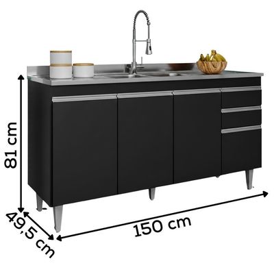 Balcao Para Pia 4 Portas 2 Gavetas Bp 150 Cm Ayla Preto