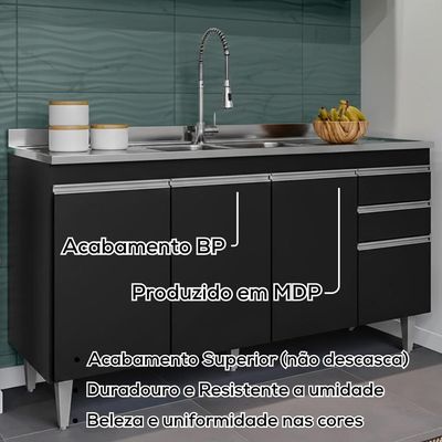 Balcao Para Pia 4 Portas 2 Gavetas Bp 150 Cm Ayla Preto
