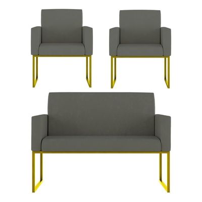 Kit Sofá 2 Lugares + 2 Poltronas Recepção Sala Base Dourada Cor:cinza Cinza