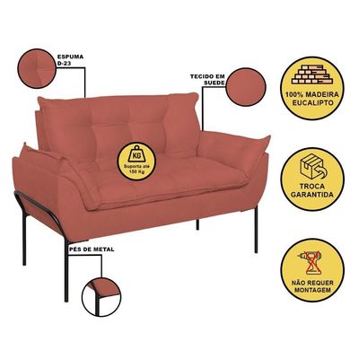 Sofá Namoradeira Base Metal Preta Reforçada Tecido Suede Rosa