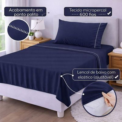 Jogo De Lençol Solteiro Premium Soft 600 Fios Micropercal Azul Marinho Ponto Palito Toque Macio 3 Peças