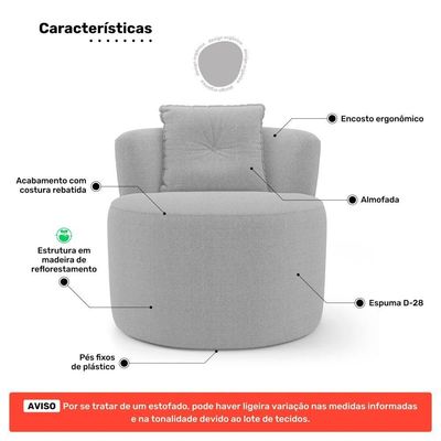 Kit Sofá E 02 Poltronas Orgânicas Living Bob Com Almofadas Bouclê Cinza Claro - Desk Design