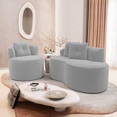 Kit Sofá E 02 Poltronas Orgânicas Living Bob Com Almofadas Bouclê Cinza Claro - Desk Design
