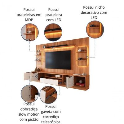 Estante Home Noble Para Tv Até 75” 270cm Com 2 Torres Nichos E Led Rack Sala Jequitiba/off White Jequitiba/off White