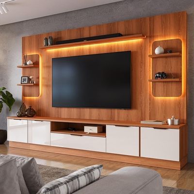 Estante Home Noble Para Tv Até 75” 270cm Com 2 Torres Nichos E Led Rack Sala Jequitiba/off White Jequitiba/off White