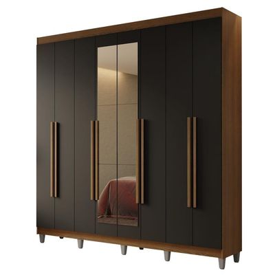 Guarda-roupa Casal Com Pés 8 Portas Batentes Com Espelho Rustic-preto-rustic Netuno Madesa