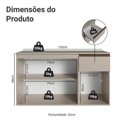Balcão De Cozinha 120 Cm 3 Portas 1 Gaveta Suspenso Nice Madesa Crema