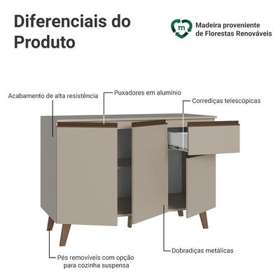 Balcão De Cozinha 120 Cm 3 Portas 1 Gaveta Com Pés Nice Madesa Crema