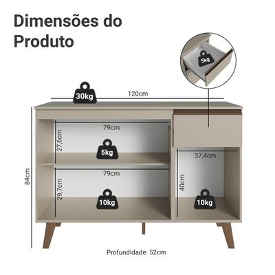 Balcão De Cozinha 120 Cm 3 Portas 1 Gaveta Com Pés Nice Madesa Crema