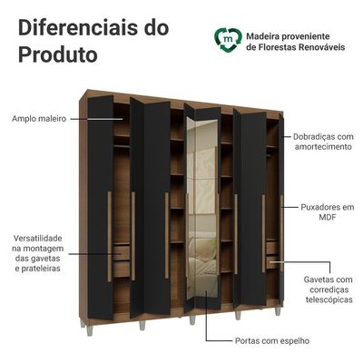 Guarda-roupa Casal Com Pés 8 Portas Batentes Com Espelho Rustic-preto-rustic Saturno Madesa