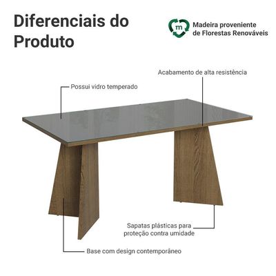 Mesa De Jantar Retangular Tampo De Vidro 5389 Rustic-cinza Madesa