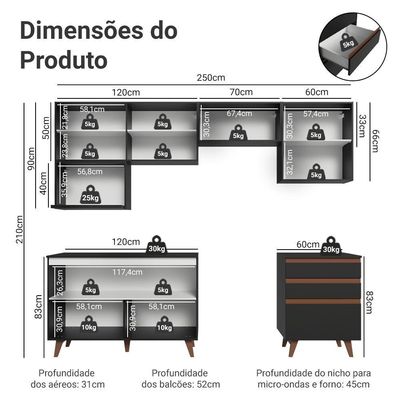 Armário De Cozinha Completa 250cm Preto Reims Madesa 09 Preto