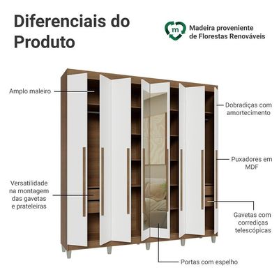 Guarda-roupa Casal Com Pés 8 Portas Batentes Com Espelho Rustic-branco-rustic Saturno Madesa
