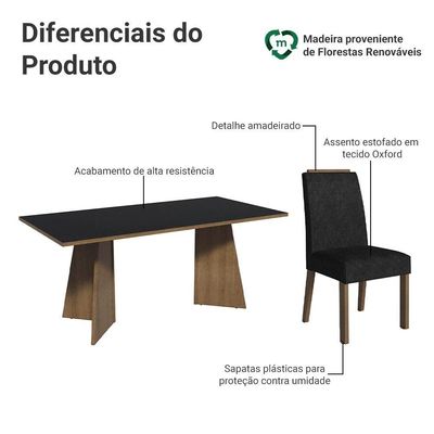 Conjunto Sala De Jantar Tampo De Madeira 6 Cadeiras Rustic/preto/oxford Minsk Madesa