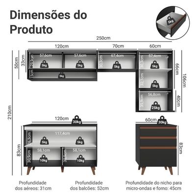 Armário De Cozinha Completa 250cm Preto Reims Madesa 10 Preto