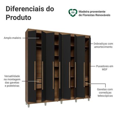 Guarda-roupa Casal Com Pés 8 Portas Batentes Rustic-preto-rustic Venus Madesa