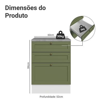 Balcão De Cozinha 60 Cm 3 Gavetas Branco/verde Vik Madesa Branco/verde