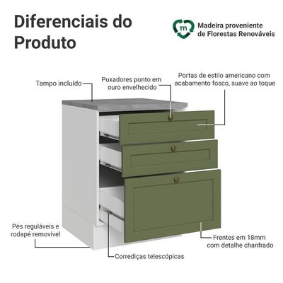 Balcão De Cozinha 60 Cm 3 Gavetas Branco/verde Vik Madesa Branco/verde