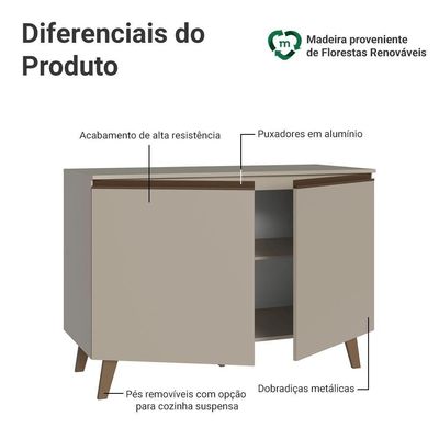Balcão De Cozinha 120 Cm 2 Portas Com Pés Nice Madesa Crema